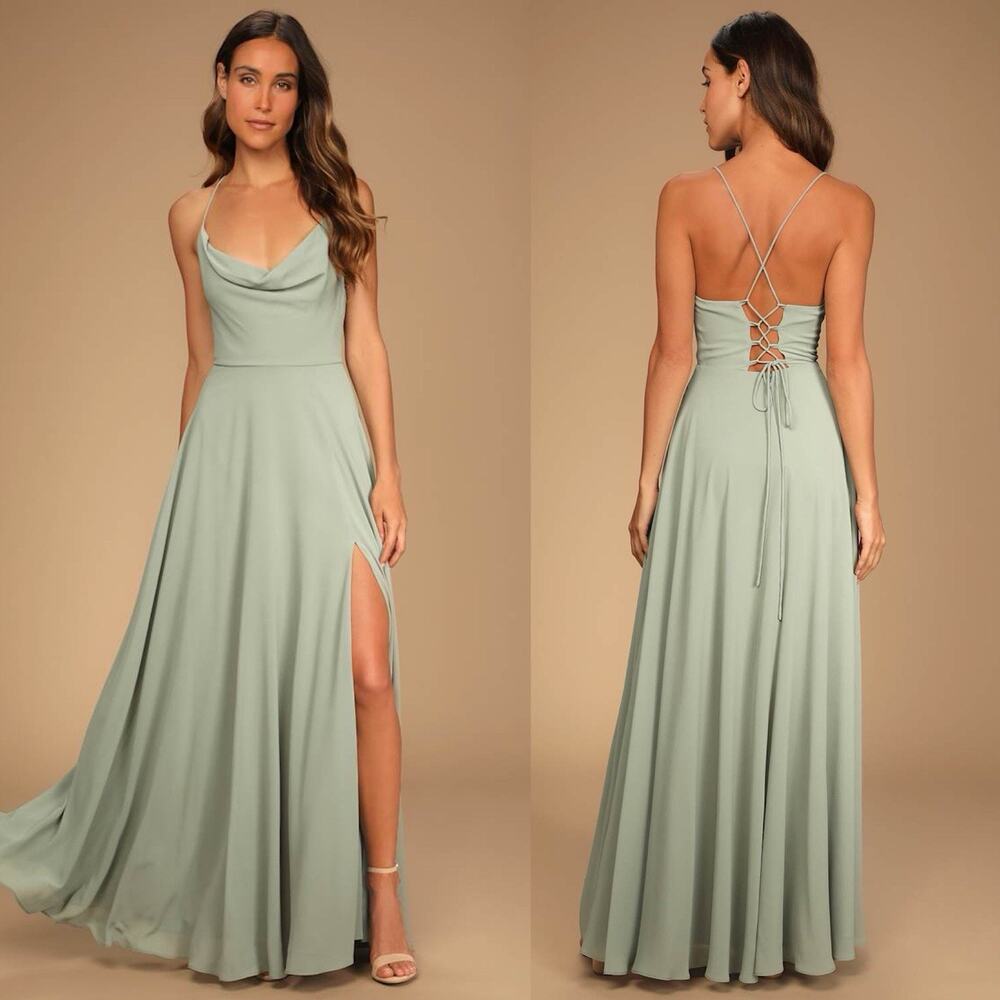 Lulu's Sage Green Cowl Neck Lace-Up Back Maxi Dress